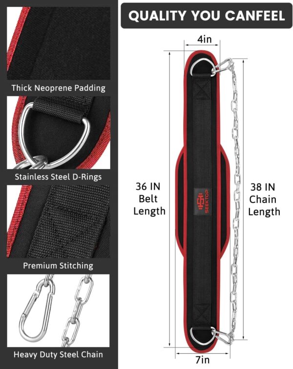 Seektop Dip Belt for Weightlifting - GYM Workout Pull Ups Belt with Chain, Neoprene Waist Dip Belt Crossfit for Weight Lifting, Squat, Training, Fitness, Men & Women (Belt & Chain) - Image 3
