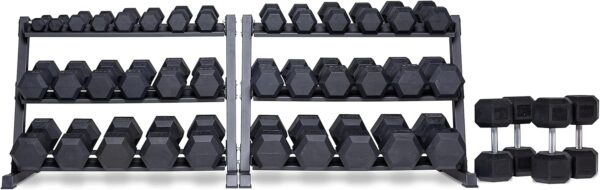 Rep Rubber Hex Dumbbell Sets with Racks. 5-50, 5-75, or 5-100 LB Sets available with Black, Blue or Red Racks to Match your Home Gym. For Strength Training, Conditioning, and Full-Body Workouts.