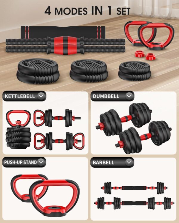 Adjustable Dumbbells, 10/25/35/55/70/90lbs Free Weight Set with Connector, 4 in1 Dumbbells Set Used as Barbell, Kettlebells, Push up Stand, Fitness Exercises for Home Gym Suitable Men/Women - Image 7