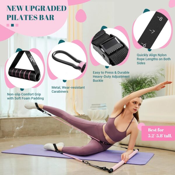 Pilates Bar Kit with Resistance Bands, Multifunctional Yoga Pilates Bar with Heavy-Duty Metal Adjustment Buckle, Portable Home Gym Pilates Resistance Bar Kit for Women Full Body Workouts - Image 2