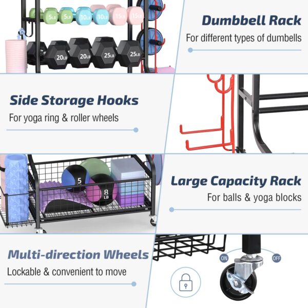 PLKOW Dumbbell Rack, Weight Rack for Dumbbells, Home Gym Storage for Dumbbells Kettlebells Yoga Mat and Balls, All in One Workout Storage with Wheels and Hooks, Powder Coated Finish Steel - Image 5