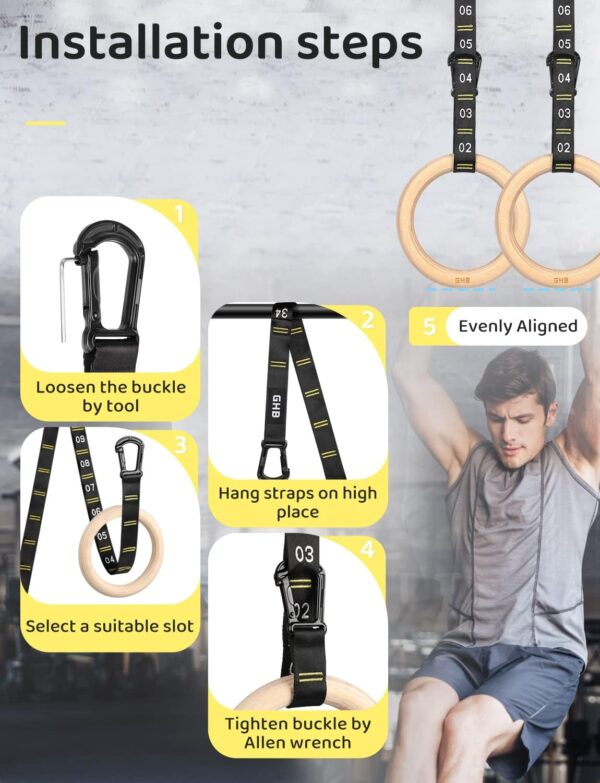 GHB Gymnastic Rings Wooden Gym Rings 1.25" Olympic Rings Adjustable Numbered Straps Pull Up Rings Sets for Workout Bodyweight Fitness Training - Image 3