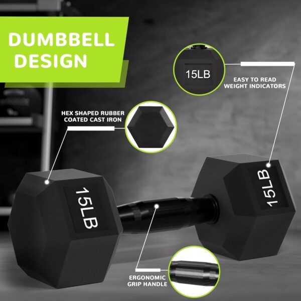 Rubber Encased Exercise & Fitness Hex Dumbbell, Hand Weights with Anti-Slip Metal Handle for Home Gym, Multiple Sizes - Image 3
