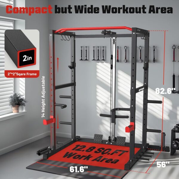 Sportsroyals Power Rack, Multi-Functional Power Cage with LAT Pulldown Pulley System, Squat Rack with More Training Attachments for Home Gym (Red)，1200 lbs Weight Capacity - Image 6