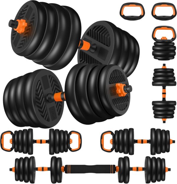 4 in 1 Adjustable Dumbbell Set with Connecting Rod Used as Barbell, Kettlebells, Push up Stand, Fitness Exercises for Home Gym, Orange - 20/30/50 Pounds