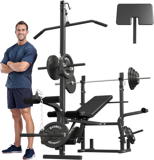 Mikolo 8 in 1 Olympic Weight Bench Set with Leg Extension and Leg Curl, Multi-Function Bench Press Set with Preacher Curl Pad and Chest Fly, Full-Body Strength Training Equipment