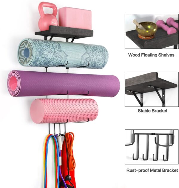 VINAEMO Yoga Mat Holder Accessories Wall Mount Organizer Storage Decor Foam Roller and Towel Storage Rack with 4 Hooks and Wooden Shelves Yoga Mats Rack Resistance Bands for Home Gym School Office - Image 3