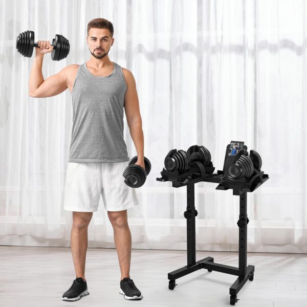 Uboway Adjustable Dumbbell Stand- Dumbbell Rack with 4 Level Height Adjustment, Weight Stand for Dumbbells with Tablet Holder and Wheels, Hand Weight Rack for Adjustable Dumbbell Set, Home Gym Fitness（Bonus Foot Pads） - Image 5