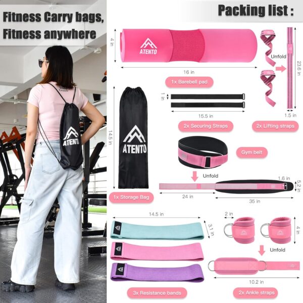 ATENTO 6 Pcs Barbell Pad Set with Weight Lifting Belt, Thick Cushion Hip Thrust Pad for Bench Press, Lunges, Workout, Leg Exercise, Squat Bar Pad for Relief Pressure from Neck & Shoulder for Smith machine & Olympic Bars, with 2 Gym Ankle Straps, Hip Resistance Band, Carry Bag - Image 8