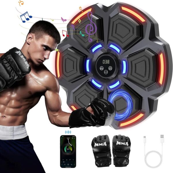 snawowo Music Boxing Machine for Adults, Bluetooth Music Punching Machine with Gloves, Electronic LED Boxing Training Equipment Wall Mounted, 9 Modes & 9 Speeds, Home Indoor Workout Trainer Equipment