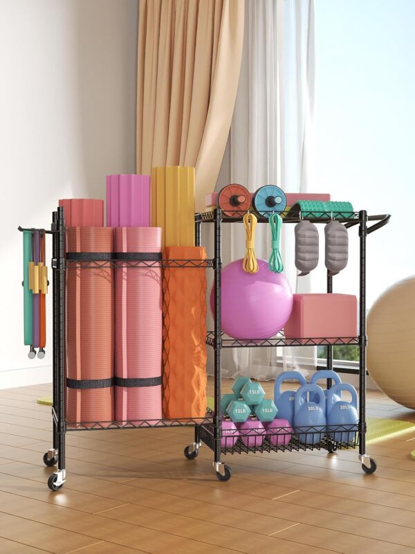 SINGAYE Dumbbell Rack Stand Only Yoga Mat Storage, Gym Equipment Storage, Cart for Organizing Workout Room, Home Gym Storage with Hooks and Wheels Black - Image 2