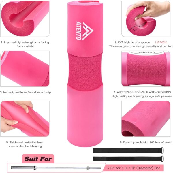 ATENTO 6 Pcs Barbell Pad Set with Weight Lifting Belt, Thick Cushion Hip Thrust Pad for Bench Press, Lunges, Workout, Leg Exercise, Squat Bar Pad for Relief Pressure from Neck & Shoulder for Smith machine & Olympic Bars, with 2 Gym Ankle Straps, Hip Resistance Band, Carry Bag - Image 3