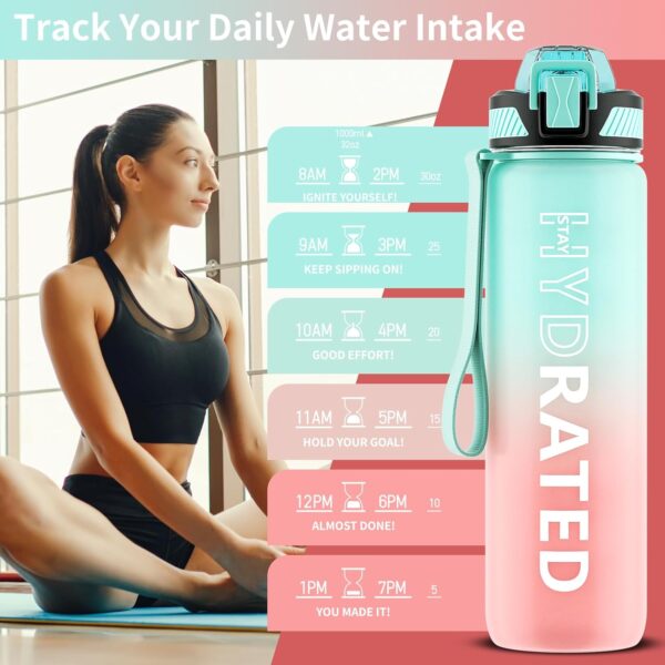 Water Bottle with Straw, 32oz Motivational Water Bottles with Time Marker to Drink, Tritan BPA Free, 1L Sports Water Bottle with Carry Strap LeakProof for Women Gym Fitness Outdoor (1 Pack) - Image 2