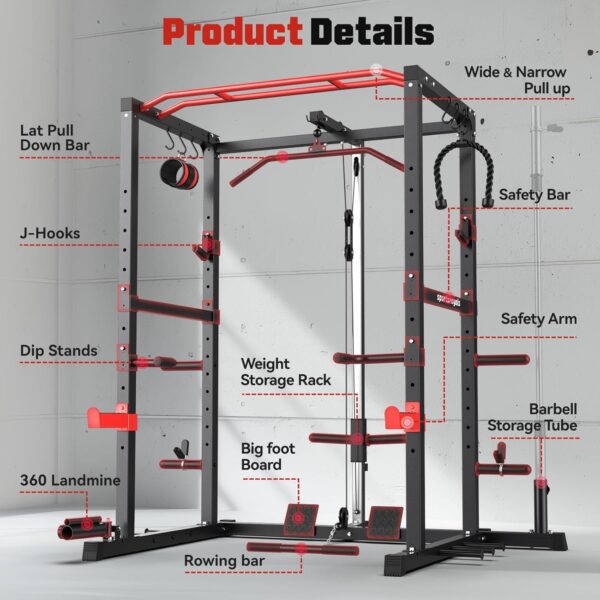 Sportsroyals Power Rack, Multi-Functional Power Cage with LAT Pulldown Pulley System, Squat Rack with More Training Attachments for Home Gym (Red)，1200 lbs Weight Capacity - Image 5