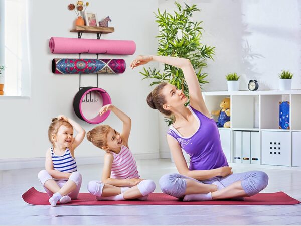 Bikoney Yoga Mat Holder Wall Mount Yoga Mat Storage Home Gym Accessories with Wood Floating Shelves and 4 Hooks for Hanging Foam Roller and Resistance Bands Fitness Home Gym Carbonized Black - Image 2