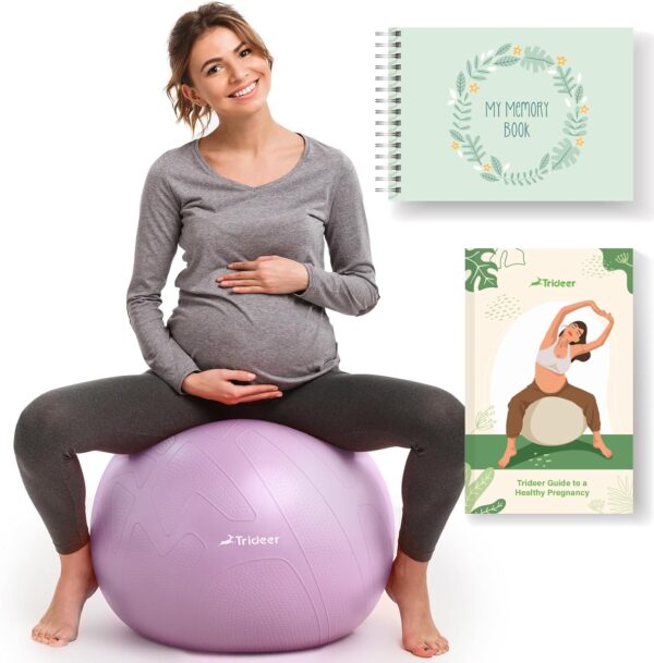 Trideer Pregnancy Ball Birthing Ball, 1.7mm Extra Thick Yoga Ball for Maternity, Labor Birth, Exercise, Physio, Recovery Guide & Baby Memory Book Included, 440LB Anti-Burst & Non-Slip Stability Ball