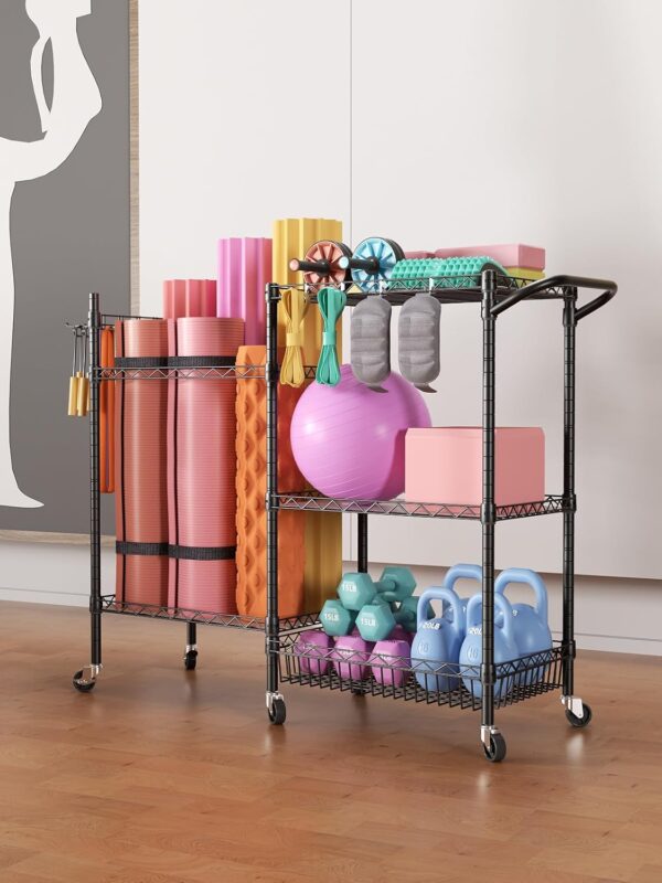 SINGAYE Dumbbell Rack Stand Only Yoga Mat Storage, Gym Equipment Storage, Cart for Organizing Workout Room, Home Gym Storage with Hooks and Wheels Black - Image 5