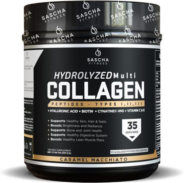 SASCHA FITNESS Hydrolyzed Multi Collagen Peptides Tipes 1,2 & 3 |Hyaluronic Acid|Biotin |Cynatine HSN|Vitamin C & E |for Hairs, Skin & Bone Support|Caramel Macchiato