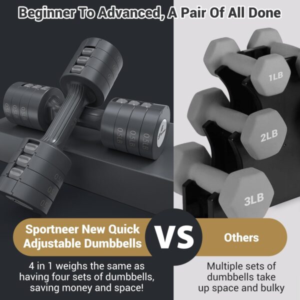 Adjustable Dumbbells Hand Weights Set: Sportneer 5 lb Dumbbells Set of 2 Each 2lb 3lb 4lb 5lb Free Weights Fast Adjust Weight 4 In 1 Weights Dumbbells Set for Women Men Home Gym Exercise Training - Image 4