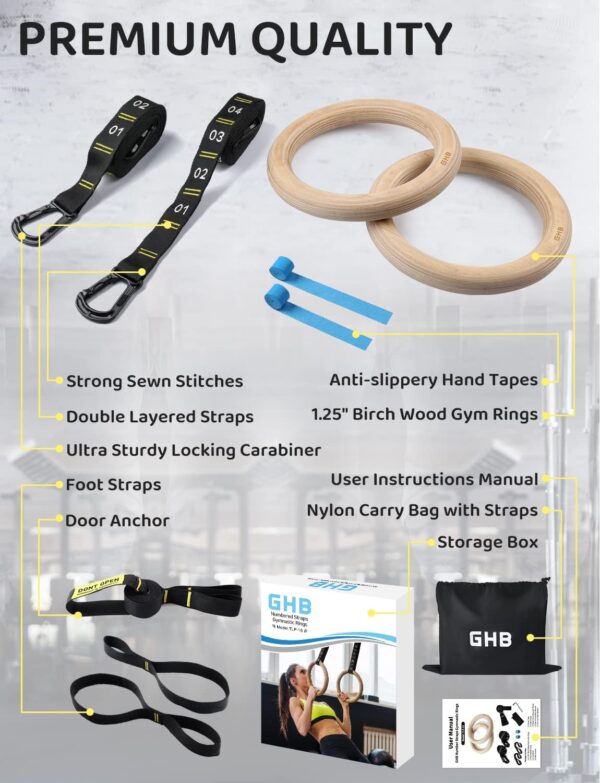 GHB Gymnastic Rings Wooden Gym Rings 1.25" Olympic Rings Adjustable Numbered Straps Pull Up Rings Sets for Workout Bodyweight Fitness Training - Image 5
