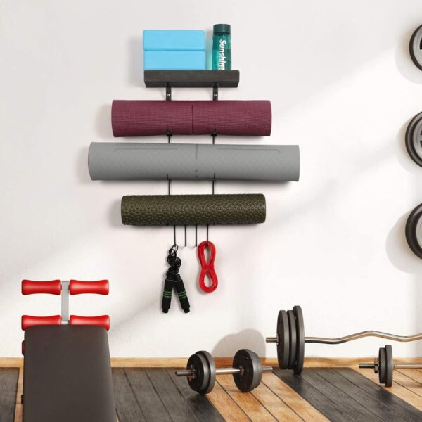 VINAEMO Yoga Mat Holder Accessories Wall Mount Organizer Storage Decor Foam Roller and Towel Storage Rack with 4 Hooks and Wooden Shelves Yoga Mats Rack Resistance Bands for Home Gym School Office - Image 7