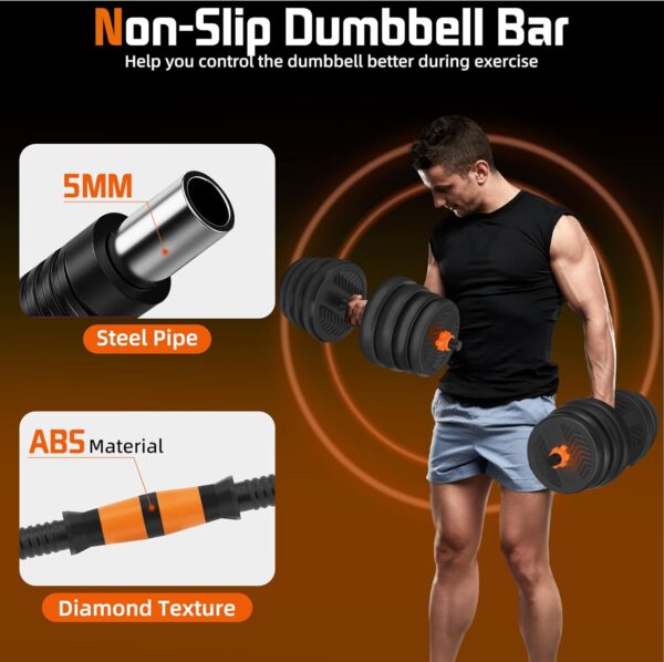 4 in 1 Adjustable Dumbbell Set with Connecting Rod Used as Barbell, Kettlebells, Push up Stand, Fitness Exercises for Home Gym, Orange - 20/30/50 Pounds - Image 4