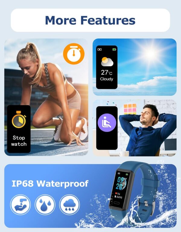 Fitness Tracker, Fitness Watches for Men Women with 24/7 Heart Rate Monitor Sleep Tracker Step/Calorie Counter Stopwatch Pedometer IP68 Waterproof - Image 6