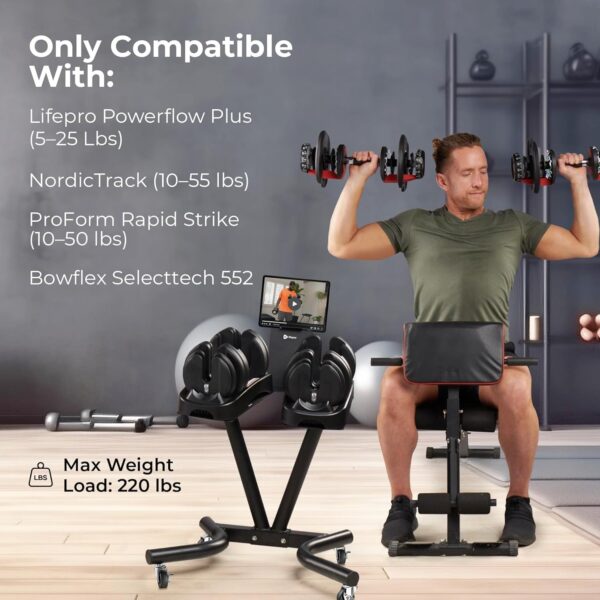 Lifepro Adjustable Dumbbell Stand Rack - Compatible with PowerFlow Plus, PowerUp Plus, and for More Brands- Phone Holder, featured Castors - Home Gym Storage and Convenient Strength Training - Image 3