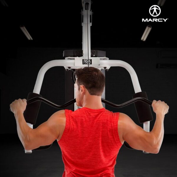 Marcy Home Gym Workout Station with Curl Pad, Lat Pulldown, Leg Developer & Weights, White - Image 4