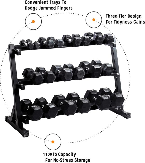 Zlinke 3-Tier Dumbbell Rack Multilevel Weight Storage Organizer for Home Gym, Weight Rack for Dumbbells, Kettlebells, 1100LBS, Alloy Steel - Image 3