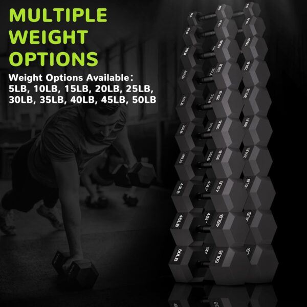 Rubber Encased Exercise & Fitness Hex Dumbbell, Hand Weights with Anti-Slip Metal Handle for Home Gym, Multiple Sizes - Image 7