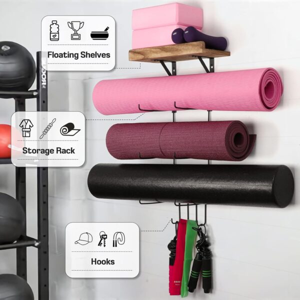 Bikoney Yoga Mat Holder Wall Mount Yoga Mat Storage Home Gym Accessories with Wood Floating Shelves and 4 Hooks for Hanging Foam Roller and Resistance Bands Fitness Home Gym Carbonized Black - Image 4