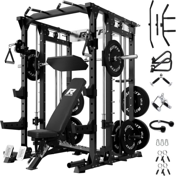 RitFit Buffalo Smith Machine, Power cage with LAT-Pull Down System & Cable Crossover System, All-in-One Squat Rack for Home Gym, Power Rack and Packages