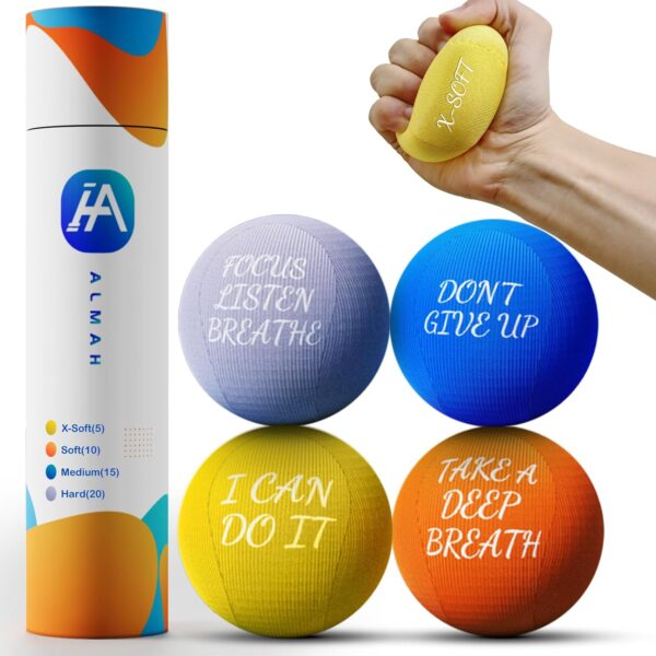 ALMAH Stress Balls for Adults 4 Density Hardness Squeeze balls for Hand Therapy 4 Pack Stress Relief Anxiety Balls Hand Exercise Physical Therapy Stress Ball for Finger Wrist Muscles Arthritis