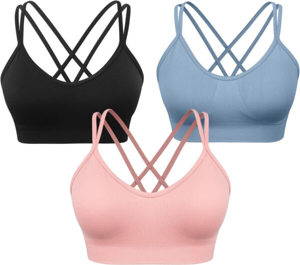 VEQKING Women's Cross Back Sports Bra Padded Strappy Medium Support Yoga Bra for Workout Fitness 3 Pack