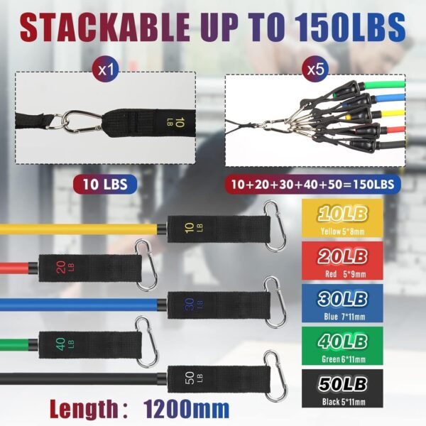 Exercise Resistance Bands with Handles for Working Out, 150/200/250/300 lbs Workout Bands Set with Door Anchor for Physical Therapy, Yoga, Pilates - Image 2