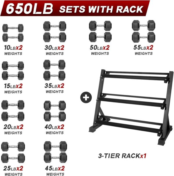 RitFit 5-650 LBS PVC Encased Hex Dumbbell Sets with Optional Rack for Home Gym, Hand weight with Chrome Handle for Strength Training, Workouts - Image 5