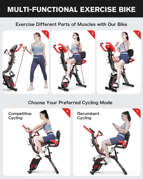 pooboo Folding Exercise Bike, Foldable Fitness Stationary Bike Machine, Upright Indoor Cycling Bike, Magnetic X-Bike with 8-Level Adjustable Resistance, Bottle Holder & Back Support Cushion for Home Gym Workout - Image 3
