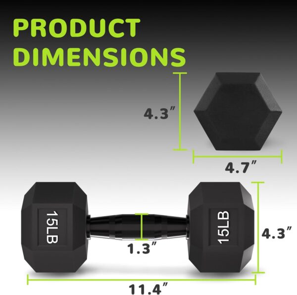Rubber Encased Exercise & Fitness Hex Dumbbell, Hand Weights with Anti-Slip Metal Handle for Home Gym, Multiple Sizes - Image 2