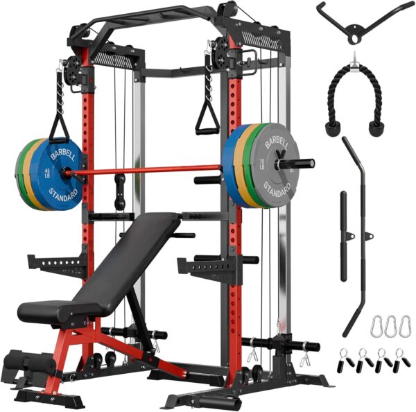 Mikolo Power Cage, 2000LB Squat Rack, Dual Pulley Cable Crossover System, Multi-function Free Weight Home Gym Workout Machine with Attachments