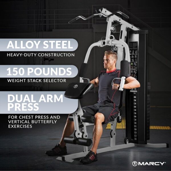 Marcy Home Gym Workout Station with Curl Pad, Lat Pulldown, Leg Developer & Weights, White - Image 3
