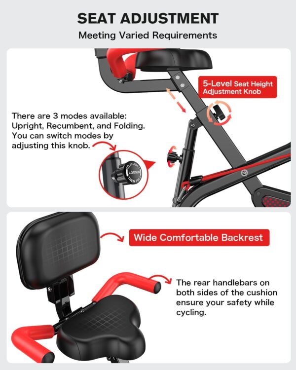 pooboo Folding Exercise Bike, Foldable Fitness Stationary Bike Machine, Upright Indoor Cycling Bike, Magnetic X-Bike with 8-Level Adjustable Resistance, Bottle Holder & Back Support Cushion for Home Gym Workout - Image 6