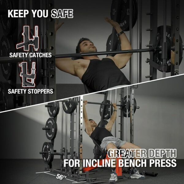 Mikolo Smith Machine, 2200lbs Squat Rack with LAT-Pull Down System & Cable Crossover Machine, Training Equipment with Leg Hold-Down Attachment - Image 3