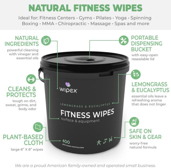 Wipex Gym Wipes Fitness Equipment Wipes, Plant-Based Cloth - Lemongrass, Eucalyptus and Vinegar Wipes to Clean Surfaces, Safe Yoga Mat Cleaner Wipes, All Purpose Gym Cleaner, 400 Count - Image 3