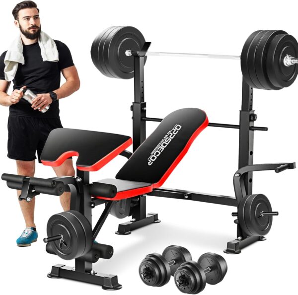 OPPSDECOR 6 in 1 660lbs Weight Bench Set with Squat Rack, Bench Press Set with Barbell Rack, Adjustable Incline Strength Training Workout Bench with Leg Developer Preacher Curl for Home Gym PXZXYX1