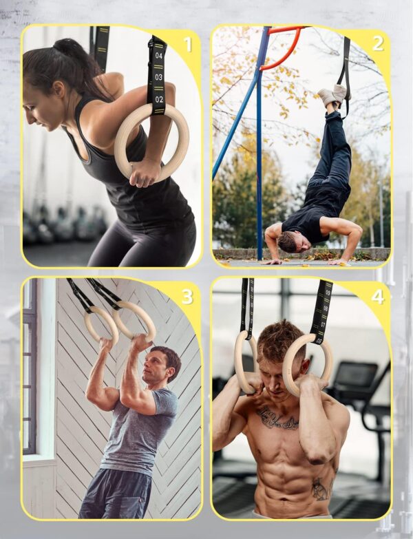 GHB Gymnastic Rings Wooden Gym Rings 1.25" Olympic Rings Adjustable Numbered Straps Pull Up Rings Sets for Workout Bodyweight Fitness Training - Image 7
