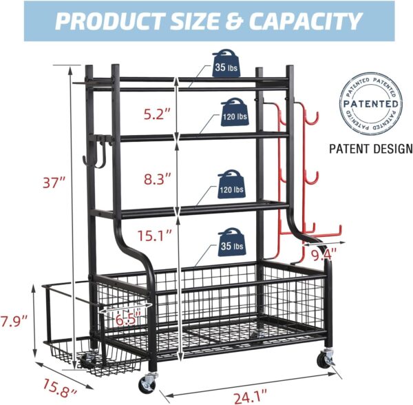 PLKOW Dumbbell Rack, Weight Rack for Dumbbells, Home Gym Storage for Dumbbells Kettlebells Yoga Mat and Balls, All in One Workout Storage with Wheels and Hooks, Powder Coated Finish Steel - Image 6