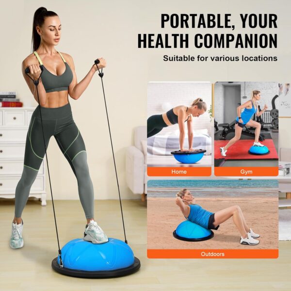 VEVOR Half Exercise Ball Trainer, 23/26 inch Balance Ball Trainer, 1500lbs Capacity Stability Ball, Yoga Ball with Resistance Bands & Foot Pump, Strength Fitness Ball for Home Gym Full Body Workout Black - Image 6