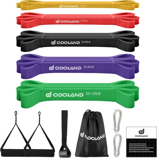 Odoland 5 Packs Pull Up Assist Bands, Pull Up Straps, Resistance Bands with Door Anchor and Handles, Stretch Mobility, Powerlifting and Extra Durable Exercise Bands with eGuide - Image 2