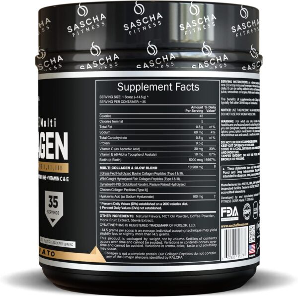 SASCHA FITNESS Hydrolyzed Multi Collagen Peptides Tipes 1,2 & 3 |Hyaluronic Acid|Biotin |Cynatine HSN|Vitamin C & E |for Hairs, Skin & Bone Support|Caramel Macchiato - Image 3